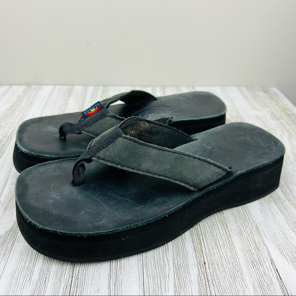 Y2K Rainbow Black Leather Platform Sandals 7